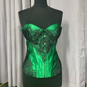 Green Satin and Black Lace Lace-Up Corset